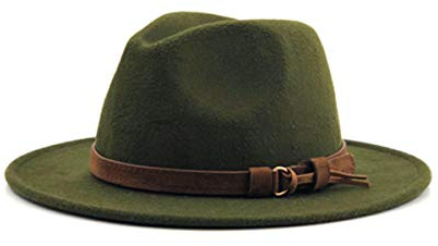 Hombres Mujeres de Lana Sombrero de Fedora con la Cinta de Cuero Elegante Caballero Ancha Visera de la Gorra de Lana Iglesia Jazz Señora otoño Invierno Verde del ejército, 55-58cm