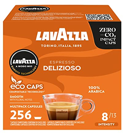 Lavazza, A Modo Mio Espresso Delizioso, Coffee Capsules, 100% Arabica, Sweet Taste, Intensity 8/13, Medium Roasting, Compostable, 16 Packs of 16 Coffee Pods (256 Coffee Capsules)