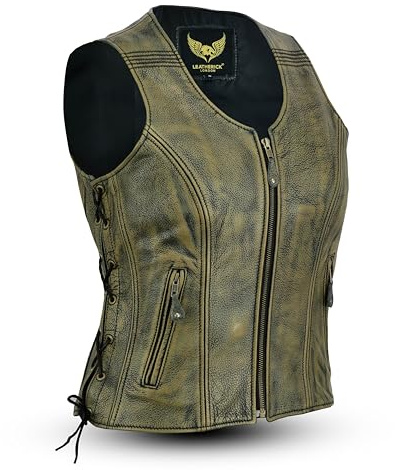 Womens Vintage Leather Waistcoat Distressed Brown Genuine Top Grain Buffalo Leather Sleeveless Vest