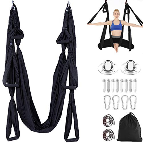 Aerial Yoga Swing Set Trapeze Hammock Kit Ultra Strong Antigravity Flying Sling Inversion Swing Tool Set for Air Yoga Inversion Fitness (Black)