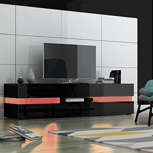 Panana TV Unit Cabinet Flow, Modern RGB LED 177CM Stand TV Unit with 2 Doors media television stands entertainment Unit (Black)