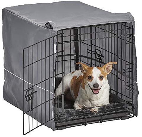 MidWest Homes for Pets Double Door 24-inch Dog Crate Kit, Bundle Includes a Two-Door Cage, Matching Gray Bed and Crate Cover, For Small Breeds
