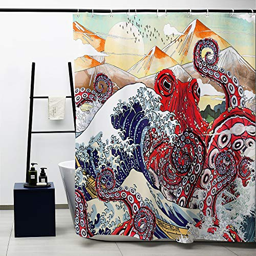 Obal Red Japanese Octopus Shower Curtain, Ukiyo-E Japanese Style Bathroom Curtains Water Resistant Mould Free Polyester Heavy Weight Bath Accessory With 12 Curtain Hooks Washable, 180cm * 180cm