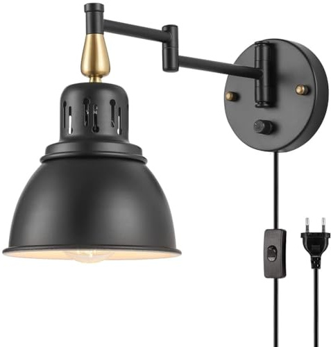 Vintage Wandleuchte Dimmbar mit Schalter Innen Wandlampe Verstellbar 2 Schwenkbar Arm Schwarz Industrial Retro Lampe Wand aus Metall E27 Wandleuchte mit Stecker und Kabel für Wohnzimmer Schlafzimmer