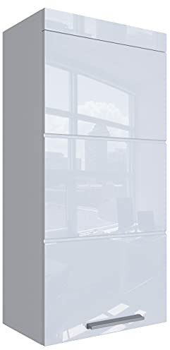 Newroom Hängeschrank Weiß Hochglanz Badezimmerschrank mit viel Stauraum | 1 Tür, Bügelgriff silber, Wandschrank, Mehrzweckschrank, Haushaltsschrank, für kleine Bäder und Gäste-WC