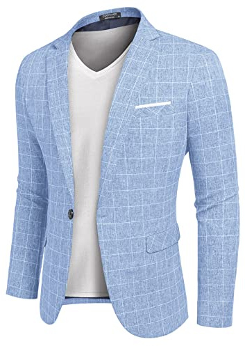 COOFANDY Mens Casual Checked Blazer Jacket Plaid Blazers One Button Casual Checked Sport Coat (Plaid Blazer - Sky Blue XL)