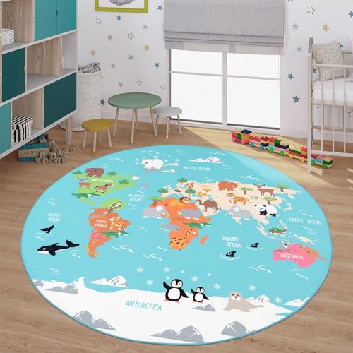 TT Home Kinder-Teppich, Spiel-Teppich Für Kinderzimmer, Weltkarte Mit Tieren, In Grün, Größe:Ø 200 cm Rund