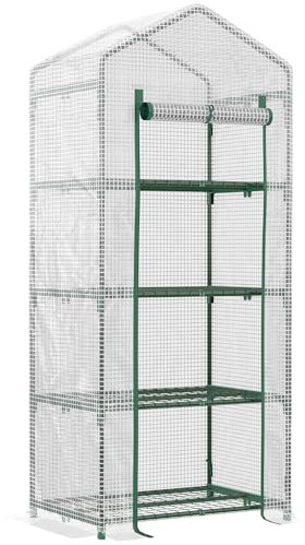 Outsunny 4 Tier Mini Greenhouse, Portable Compact Green House with Steel Frame, PE Cover, Roll-up Door, 70 x 50 x 160 cm, White