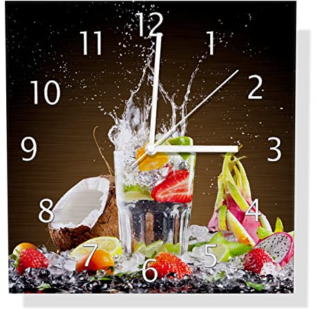 Wallario Design Wanduhr Tropische Früchte in einem erfrischenden Drink aus Aluverbund, Alu-Uhr Größe 30 x 30 cm, weiße Zeiger mit Metalloptik