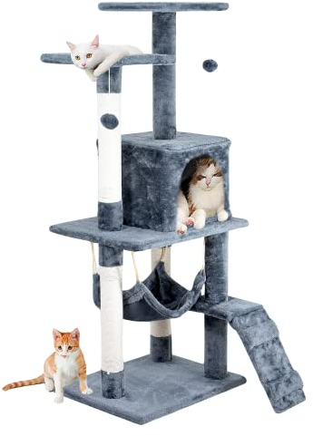 Edipets, Rascador para Gatos, Arbol Gato, 3 Niveles, 56x120x58cm, Alto, Postes de Sisal, Hamaca, con Cama, Caseta, Suave, con Bolas para Jugar (Gris)
