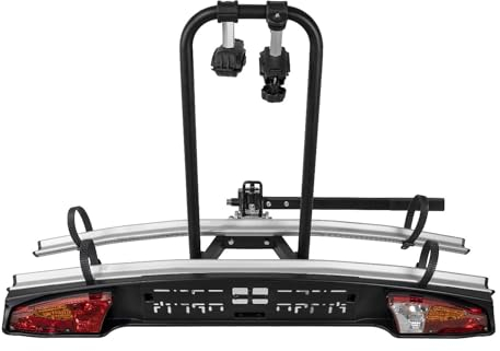 Menabo Portabici Merak S, gancio di traino, portabici posteriore, 2 biciclette, pieghevole, rimovibile, leggero, accessorio per bicicletta, in alluminio, nero, argento, ABE