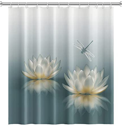 SDOTPMT 122x183cm Loto Flor Cortina de Ducha Bonito Libélula Zen SPA Cortina de Baño Elegante Floral Espiritual Meditación Cortina de bañera para niños Impermeable para Baño con Ganchos