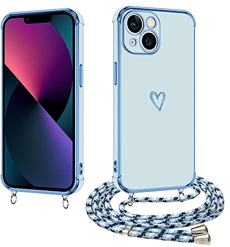 E-Lush Handyhülle für iPhone 13 Hülle mit Band, Handy Hülle für iPhone 13 mit Kette Schutzhülle Herz Muster Galvanik Silikon Stossfest Case mit Kordel zum Umhängen Kameraschutz Cover, Blau