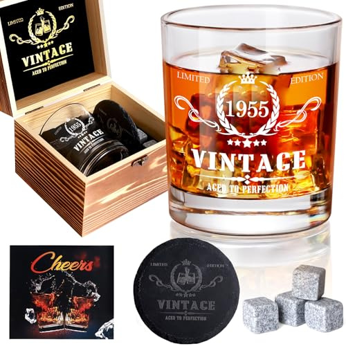 Tecanne 70th Birthday Gifts for Men, Vintage 1955 Whiskey Glass Set - 70 Years Anniversary, Bday Gifts Ideas for Grandad, Dad, Husband, Friends - Wood Box & Whiskey Stones & Coaster