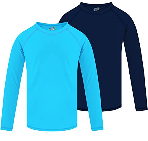 2Pack Boys Rash Guard Blue Swim Shirt Long Sleeve for Toddler Kids 9-10Y Rashguard Water Swimwear UPF+ 50 Swimming Shirt