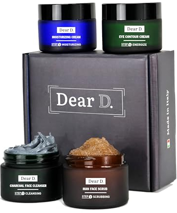 Dear D Box Kit Skincare Per Il Viso Superior | 4 Step Routine Completa Con Face Wash, Scrub Viso, Crema Idratante, Crema Contorno Occhi | Set creme uomo Made In Italy