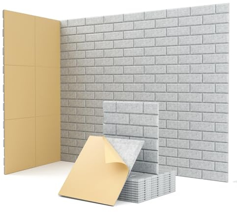 Kuchoow Acoustic Panels Self-adhesive, 12 Pcs Brick Sound Absorbing Panels, Recording Studio, Bedroom, Gaming Room, Living Room, Decorative Acoustic Tiles for Walls, Doors 11.8 X 11.8 X 0.4 Grey