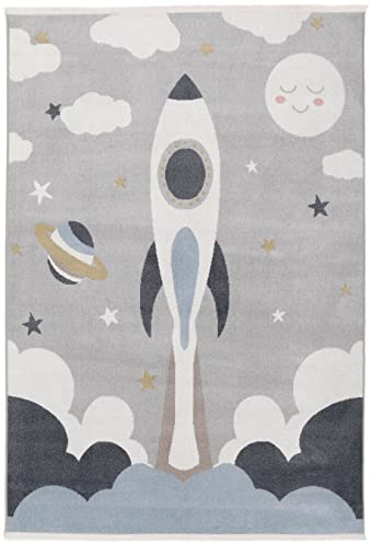 RugVista In Space, Kinderteppich, Moderne Teppiche, 200 x 140 cm, Rechteckig, Mittlerer Stapel, Kinderzimmer, Maschinenwäsche, Ohne gefährliche Chemikalien, Grau/Blau