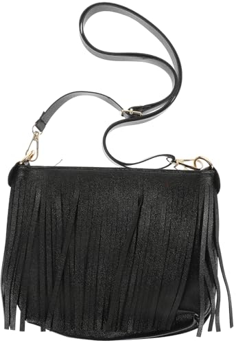Damen-Umhängetasche, PU-Leder, Quaste, Crossbody-Tasche für Handy und Kleingeld, Schwarz, Schwarz