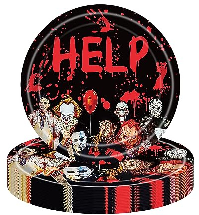 YAAVAAW Halloween Assiettes Jetables Rondes en Carton 23cm,16 Pièces Assiettes Papier Personnages de Films d'horreur Recyclables Biodégradables,pour Fête d'Halloween Fournitures Décorations Table