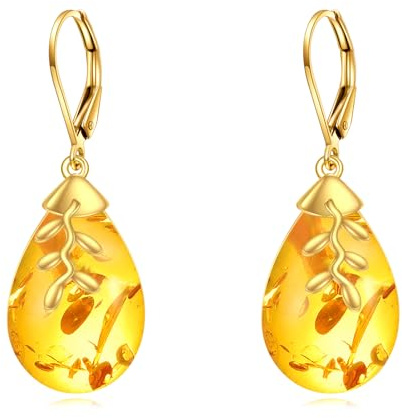 POPLYKE Pendientes de hoja de ámbar para mujer, plata de ley 925, aretes de hoja de ámbar, regalos para ella, Plata de ley, Ámbar