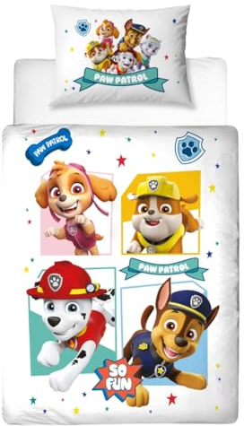Juego de ropa de cama de franela de algodón de la Patrulla Canina, 100 x 135 cm, 40 x 60 cm, ropa de cama infantil para niñas y niños, 1 funda de almohada de 40 x 60 cm + 1 funda nórdica de 100 x 135