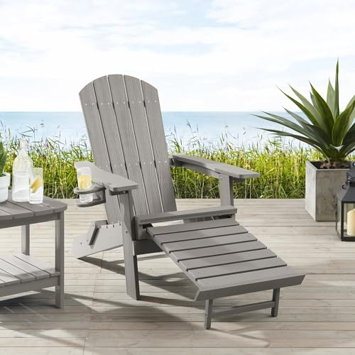 Ogarden Adirondack Loungesessel Arizona, Mit Fußschemel, Getränkehalter, HIPS Kunststoff, Holz-Optik - für Balkon, Terrasse, Rasen, Kamin (Hellgrau)