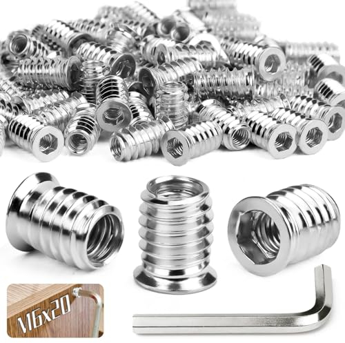 SWTYExt 80 Stück Einschraubmutter M6x20mm Gewindeeinsatz Holz M6 Einschraubmuttern Hex Innensechskant Gewindehülsen Verzinktem für Stahl Kiefer Sperrholz Verbundplatten