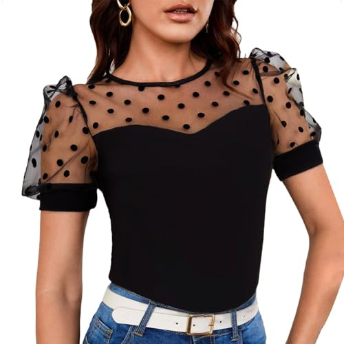 EMOTTOS T Shirt Donna Manica Corta, Top Estiva Collo Rotondo Manica Corta a Sbuffo con Maniche a Pois, Girocollo Maglia Scollata Basic Top Tinta Unita Aderente Slim Fit Sexy Estate, Nero S