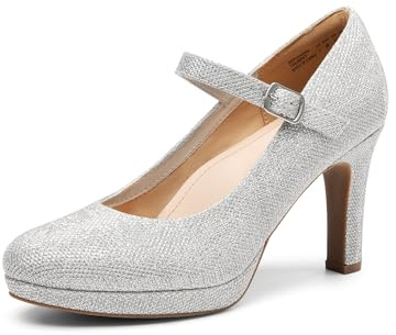 DREAM PAIRS Dam pumps nära tå klassiska högklackade rund tå bekväma låg-plattform Mary Jane-finskor, Silver-glitter, 41 EU