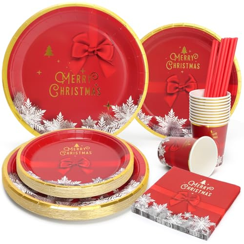 PARTY GO Snowflake Pappteller 125 Stück, Weihnachtsdekoration Geschirrset, inklusive Weihnachtsteller, Becher, Strohhalm und Servietten, Geschirrset für 25 Gäste