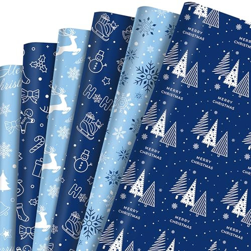 HOWAF 12 Geschenkpapier Weihnachten Blau, Weihnachts Geschenkpapier, Weihnachtsbaum Schneeflocken Weihnachtsgeschenkpapier, Weihnachtspapier für Geschenkverpackung Weihnachten Deko, 70x50cm