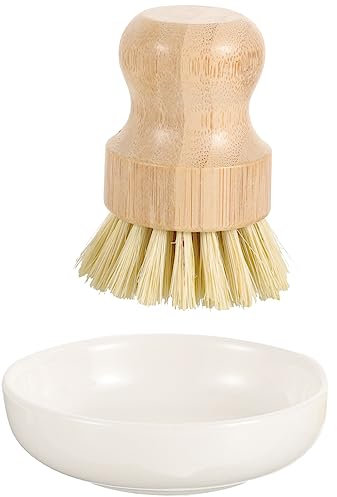 Warmhm Pot Pan Brushes Set Kitchen Cleaning Brush with Ceramic Holder and Drain Dish Wooden Scrubbers for Pots Pans Sink Stove and Countertop Cleaning