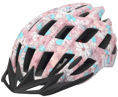 Adult Bike Helmets, Adjustable Mens Womens Bicycle Helmet, Lightweight Road Mountain Cycling Safety Sports Helmets with Detachable Visor Pink Flower L