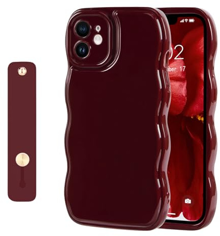 NITITOP für iPhone 11 Hülle Süßes Bordeauxrot Wellen, Weinrot | mit Ständer Handgelenkband, Schlichte Unifarben Wellenform Handyhülle, für Frauen Mädchen, für Frauen Mädchen, Suave Silikon