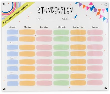 IH Engineering BV Stundenplaner Acryl - beschreibbar & abwischbar - Wandplaner und Familienplaner mit Abstandshaltern - ideale Hausaufgaben- und Planungstafel für Kinder – Größe: 60x50 cm – Weiß