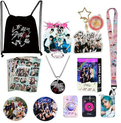 PYTRARTY Stry Cadeau Set，Stry Photocards，SKZ Porte-cléS, Sac de Sport, Collier Pendentif, LanièRe, Autocollant, Ornement de Support Table en Acrylique, Badge, un Cadeau pour les Fans