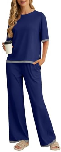 PrinStory Pyjama Dam Kortärmad överdel Lång Pyjamasbyxa Tvådelad, Marinblå, S