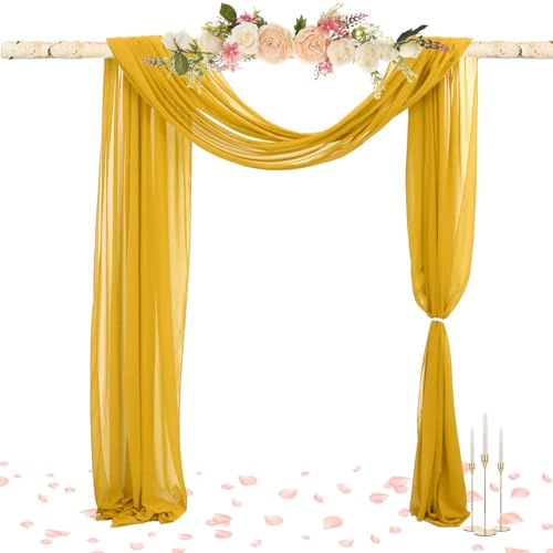 FUHSY Querbehang Freihanddeko Gold Vorhang für Hochzeit 70 x 600cm Transparente Gardinen Schals Voile Vorhang Hochzeitsbogen Wandbehang Dekoration für Hochzeitsfeier Zeremonie dekoration