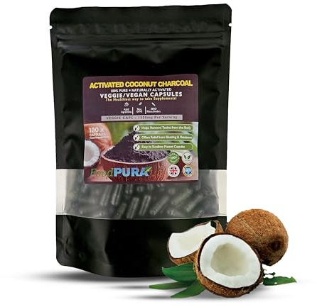 FoodPURA 100% Natural 180 High Strength Coconut Activated Charcoal Capsules not Tablets 1500mg Digestive Support Reduces Bloating & Flatulence After Eating Vegan (180)