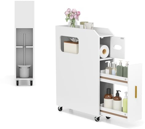 GIANTEX Mueble Estrecho de Baño con 2 Estantes Extraíbles y Compartimentos, Carro de Almacenamiento con 4 Ruedas, 50 x 16 x 69 cm, Armario Auxiliar Compacto para Baño, Salón, Dormitorio (Blanco)