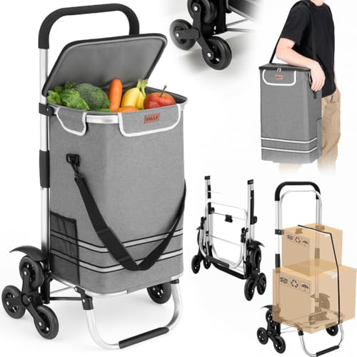 BAKAJI Carrello Spesa Montascale 3 in 1 Pieghevole per Trasporto con Capacità 56 Litri, Carrellino a Mano Portaspesa con Borsa Refrigerante, Carico Massimo 30kg, Manico Ergonomico, Tracolla (Grigio)