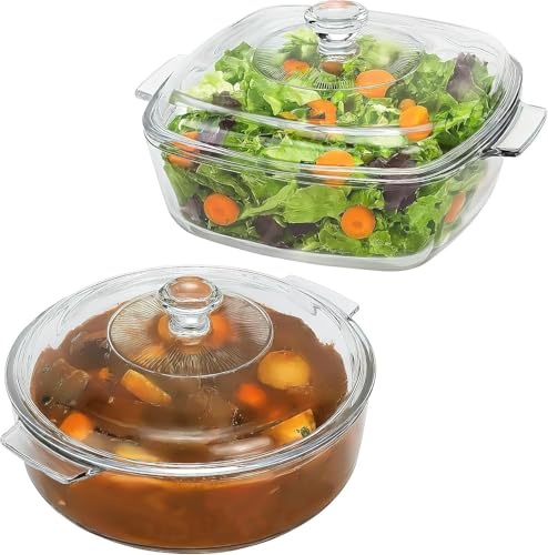 Piccole pirofila in vetro con coperchio, set da 2 pezzi (20 cm quadrato + 17,5 cm rotondo), stoviglie adatte al microonde con coperchio