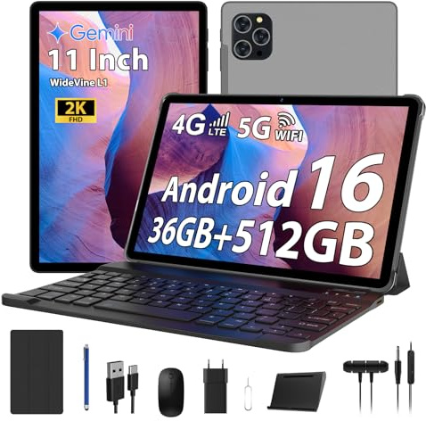 RUSHAR Tablette 11 Pouces Android 16 avec 36Go RAM+512Go ROM (2TB TF), 4G LTE & 5G WiFi, Octa-Core 2.0GHz, 8000mAh, 13MP+8MP, Widevine L1, Gemini AI, GPS, Face ID, BT 5.0, Tablette avec Clavier, Gris