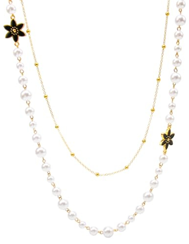 XINML Perlenkette Doppellagige Damen Lange, Sechsblüten Weiß Kunstperlenkette Pulloverkette, Mode Lange Halskette Statement Kette Lang, Layering Necklace Schmuck Geschenk Geburtstag Weihnachten Party