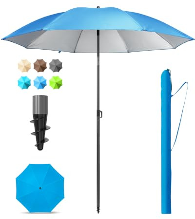 Menz Sonnenschirm Strand 180 cm + Sonnenschirmhülle - UV50+ Strandschirm, Balkonschirm mit Knickfunktion, Gartenschirm, Sonnenschirm Balkon - Fb. Blau