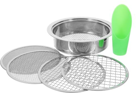 Operitacx 1 Tamis à Terre en Acier Inoxydable, Outil de Jardinage avec 5 Tailles de Trous interchangeables (1/3/6/9/12 mm) - Tamis pour Terre, Roches, Sable, rempotage et Plantation.