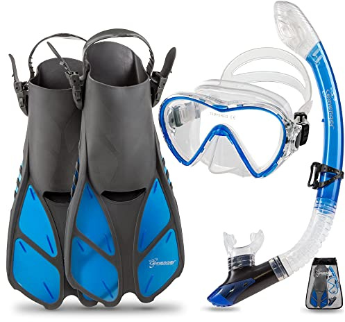 Seavenger Diving Dry Top Snorkel Set with Trek Fin, Single Lens Mask and Gear Bag, XS/XXS - Size 1 to 4 or Children 10-13, Gray/Clear Blue