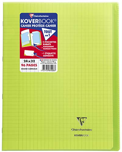 Clairefontaine 981402C – skolhäftapparat/anteckningsbok DIN A4 24 x 32 cm 48 ark 90 g, fransk linjatur, omslag av transparent polypropen, robust, häftad, grön, 1 styck