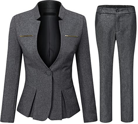 Yynuda - Completo tailleur da donna, 2 pezzi, Slim Fit, Giacca a bottone unico, con gonna o pantalone, da ufficio, Grigio 1, M